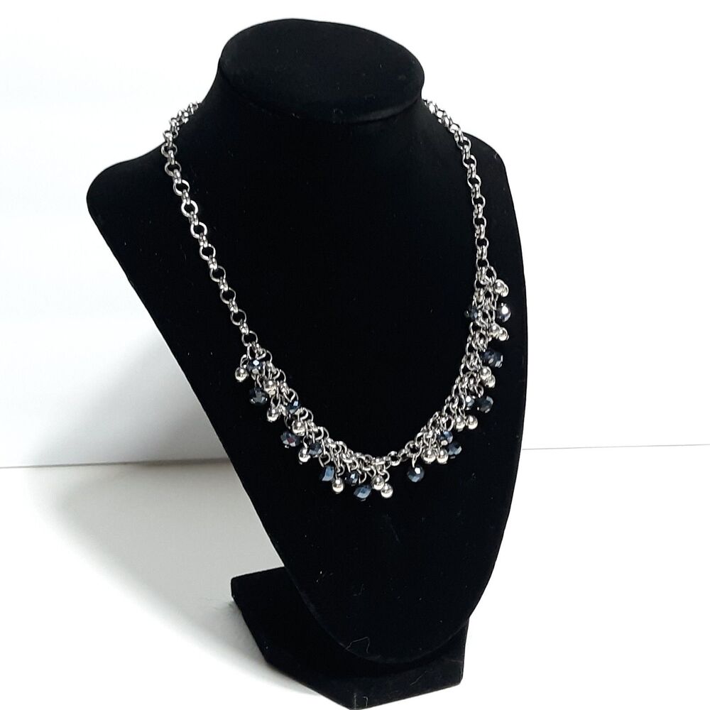 Blue Beaded Silver Tone Necklace boho retro elegant chain metal